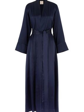 NWOT Cozy Earth 100% Silk Maxi Robe Navy Blue Long Luxury Robe M/L